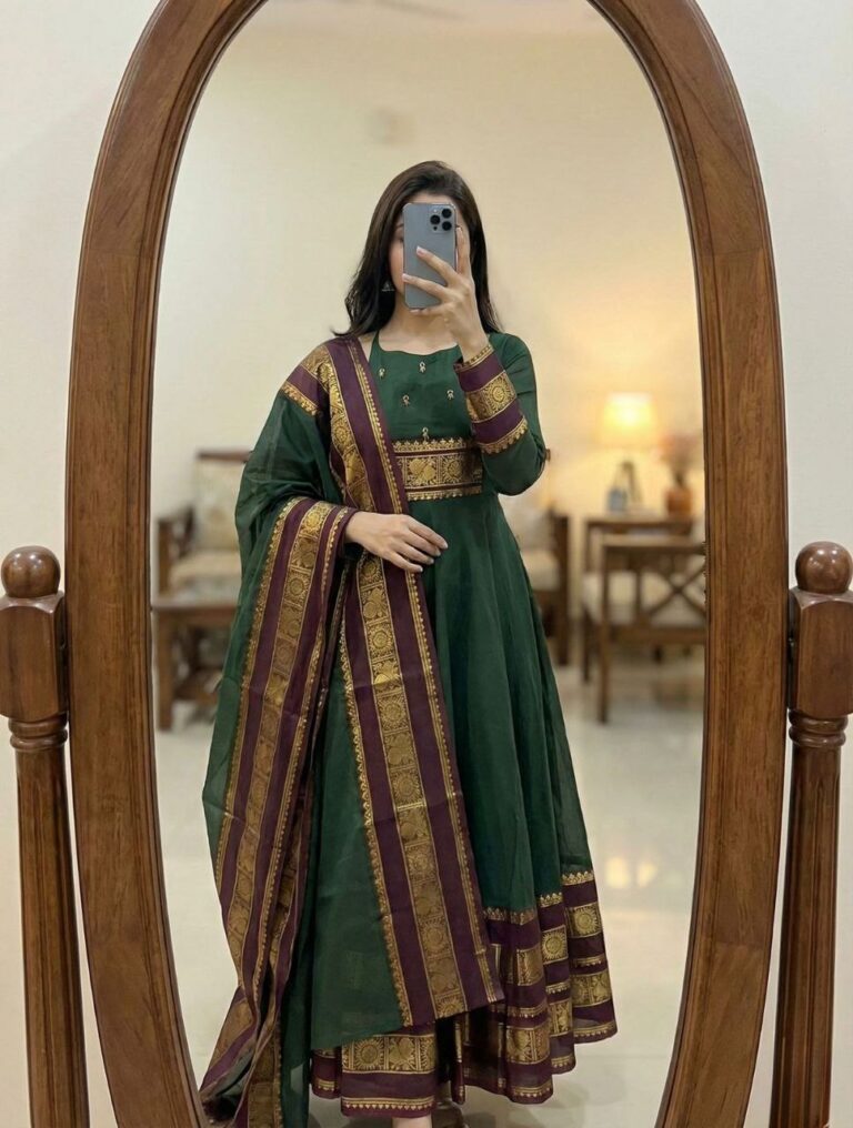 Pattu Cotton Handwork Jacquard Zari Border Traditional Top & Dupatta Set